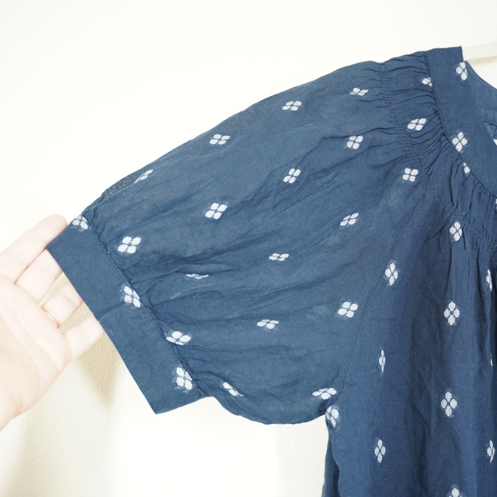J. Crew Size Medium Navy Blue Block Print Puff Sleeve Cotton Voile Top Cotton - Picture 2 of 7